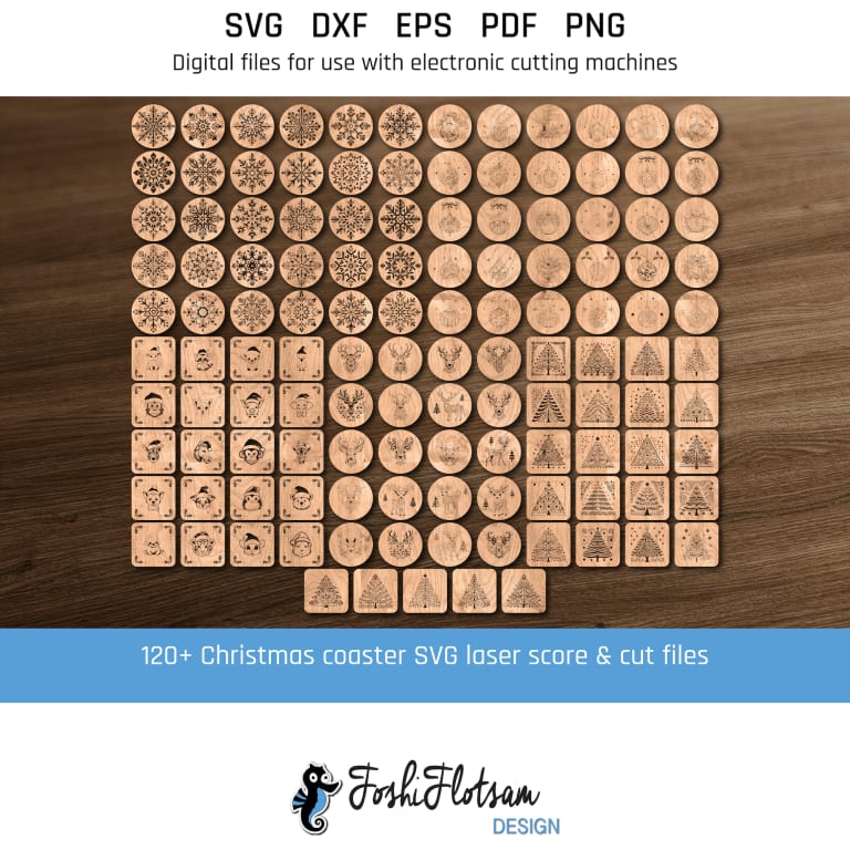 All 125 different coaster SVG cut files in 125 unique Christmas-themed laser-engrave designs against a wood background, including designs featuring snowflakes, Christmas trees, reindeer, Christmas ornaments, and Christmas animals.